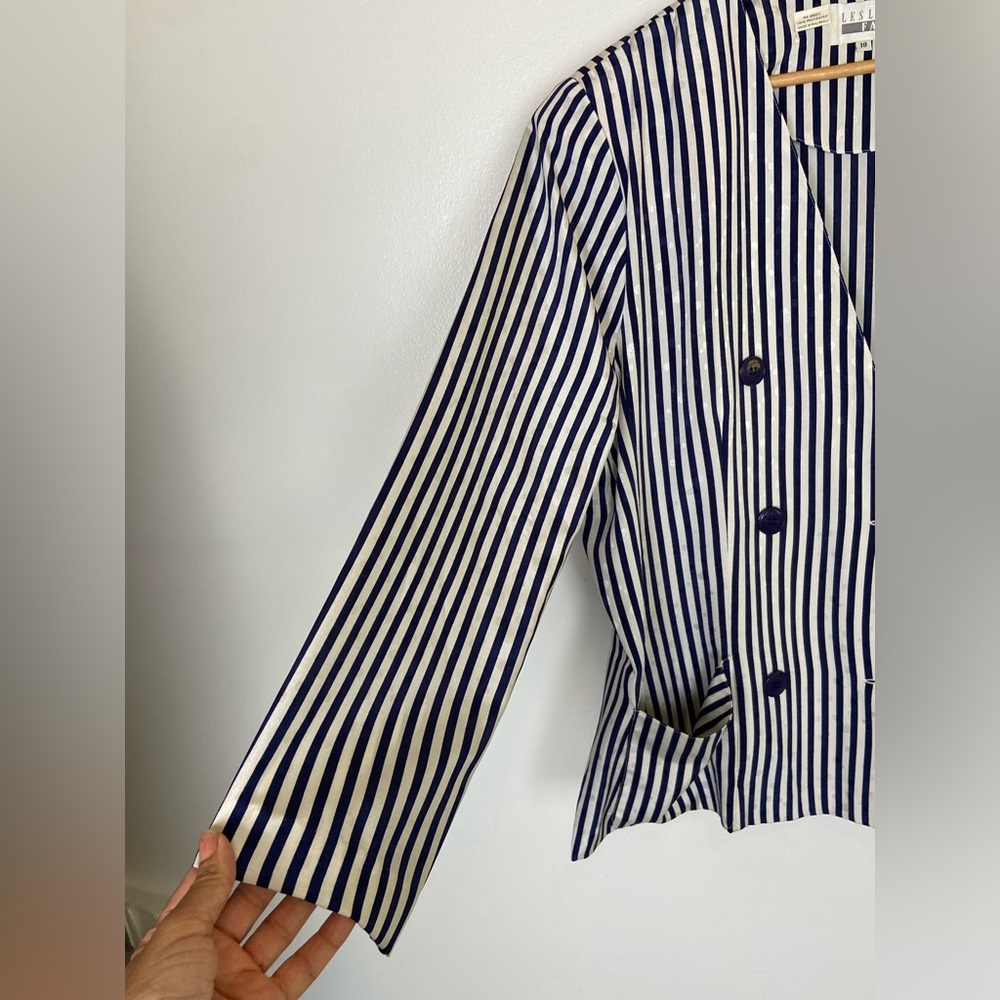 Leslie Fay Women's 80s 90s Satin Stripes Double Breasted Jacket Size 18 Nautical - Picture 2 of 11
